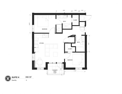Floor plan for 2 beds, 1.8 baths, 970 sqft